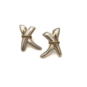 Vintage Mexico Taxco Sterling Silver Two Tone X Earrings, Lasso Braid Detail, Modernist Silver Large Studs, Criss Cross Earring