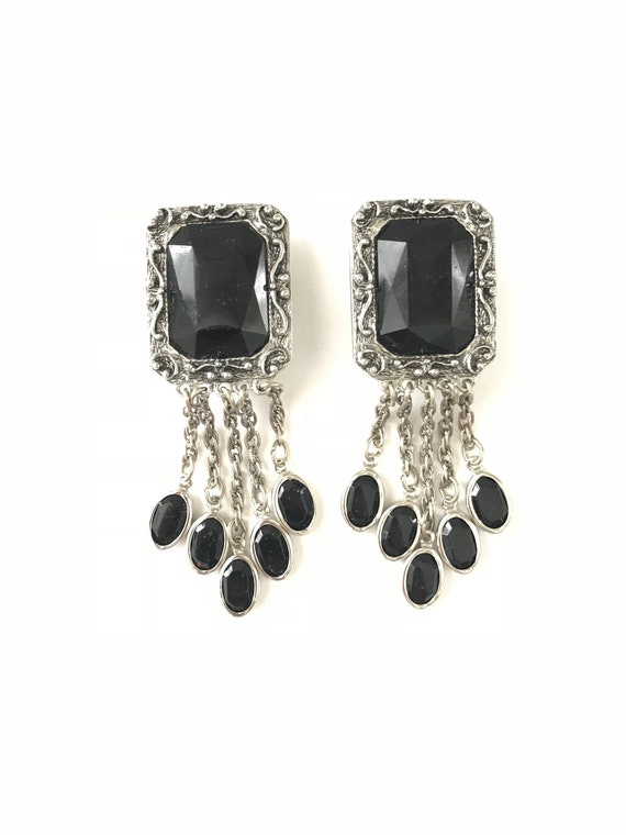 thumbnail image 2 of Handmade Black Onyx Dangle Earrings – Silver Plated Clip-Ons, Modern Drop Style 2 of 6