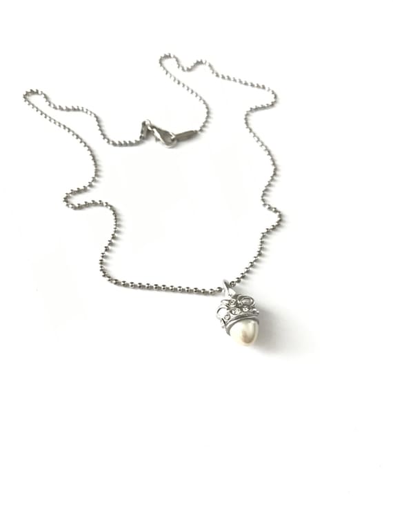 Collier Vintage En Argent Massif Avec Perle Et Strass Brillants - Très Bon état