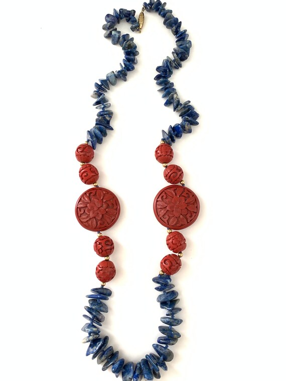 Vintage Beaded Blue Chip Red Cinnabar Necklace - image 6