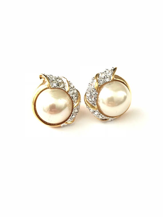 Vintage Modern Style Gold Plated Pearl and Rhines… - image 1