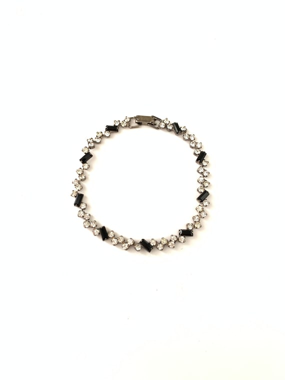 Vintage Dainty Skinny Silver Clear and Black Rhine