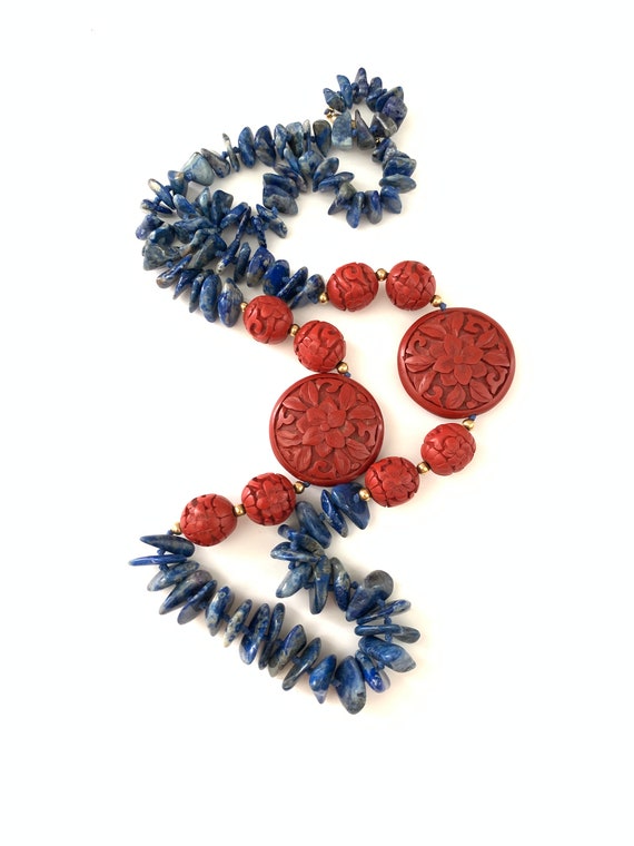 Vintage Beaded Blue Chip Red Cinnabar Necklace - image 1