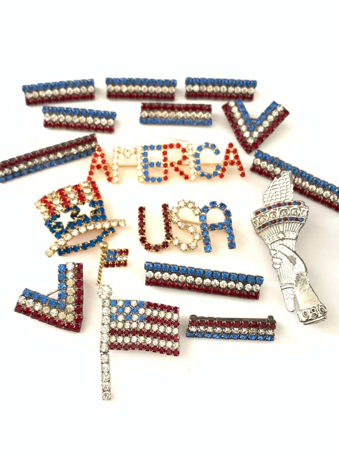 Vintage Lot of USA AMERICA Rhinestone Flag Brooch Pins, 4th of July ...