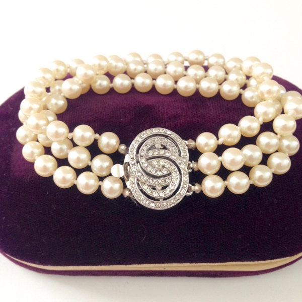 Vintage Art Deco Three Strand Glass Pearl Bracelet with Beautiful Rhinestone Deco Clasp , Bridal Bracelet, Brides Bracelet