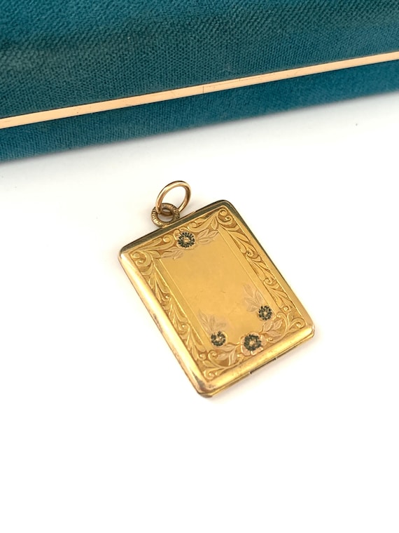 Vintage Blue Spring Floral Gold Filled Locket, Rectangle Book Shape Flower Locket, Gold Filled Photo Keepsake Locket