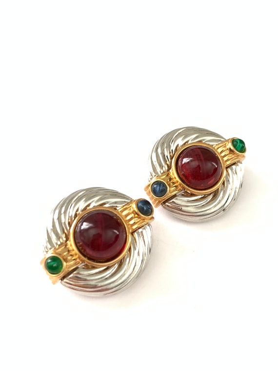 Vintage Two Tone Jewel Clip On Earrings, Vintage … - image 1