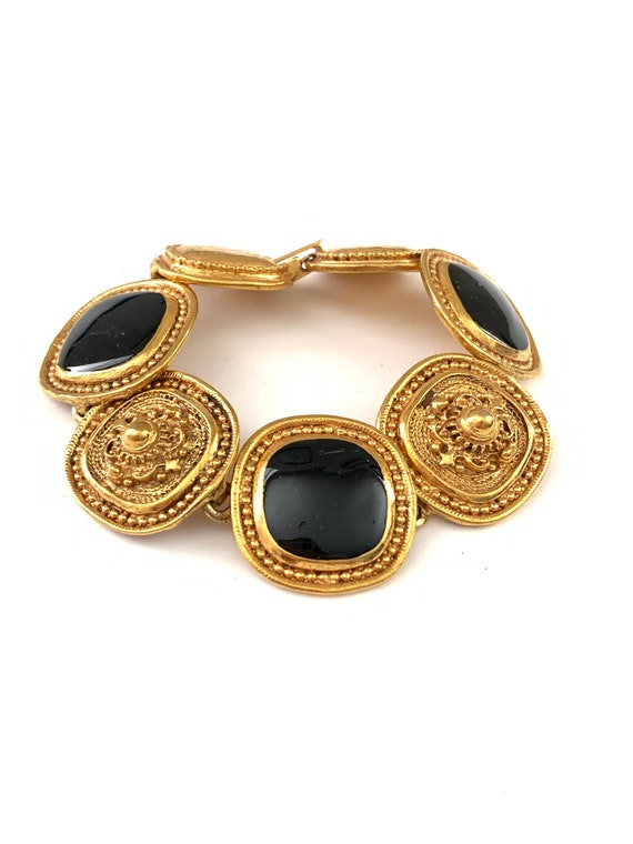 Vintage Gold Tone Black Enamel Medallion Etruscan Revival | Etsy