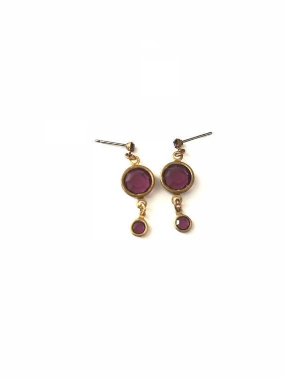Vintage Dainty Purple Bezel Dangle Drop Earrings - image 2
