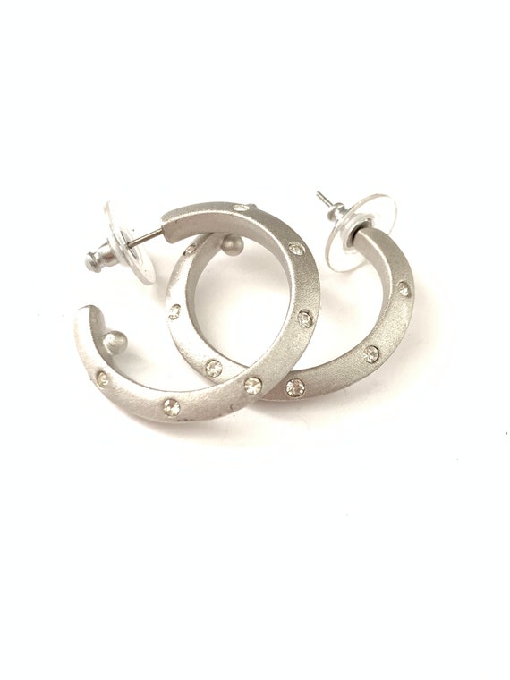 Vintage Silver Tone Clear Rhinestone Hoop Earrings - image 2