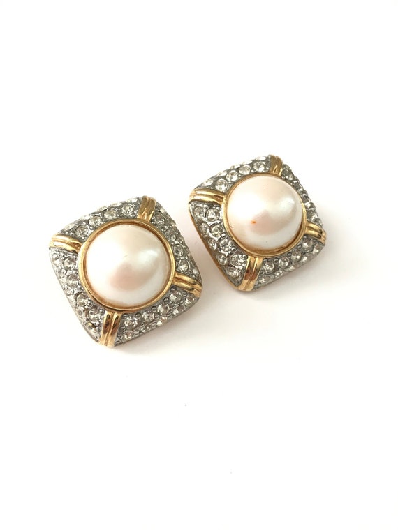 Vintage Rhinestone and Faux Pearl 80s Clip Statement Earrings 
