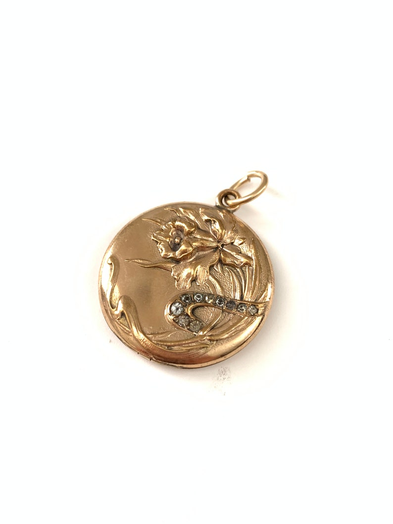 Antique Art Nouveau Gold Filled Flower Locket, Paste Locket, Antique Picture Holder Pendant image 3