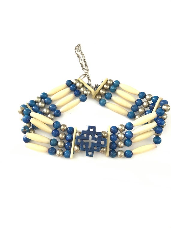 Vintage Bohemian Blue Ivory and Silver Choker Nec… - image 1