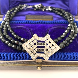 Vintage Multi Strand Glass Deco Gatsby Inspired Choker Necklace // Jet Clear Rhinestone Geometric Focal // Deco Choker