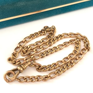 Vintage Victorian 15&quot; Watch Chain Necklace, Victorian Rose Gold Fill Engraved Curb Albert Pocket Watch Chain Necklace with Front Clasps