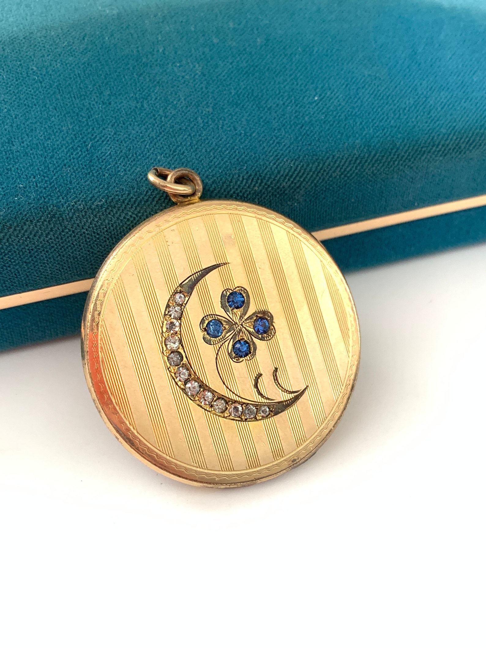 Antique Large Victorian Crescent Moon Lucky Clover Locket, Vintage Gold ...