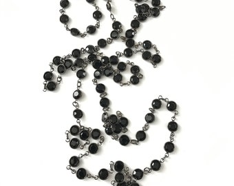 Vintage Jet Black Crystal Necklace in Gunmetal Bezel Settings 48" Long
