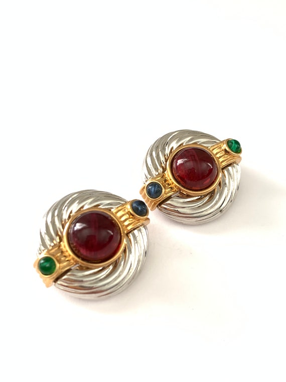 Vintage Two Tone Jewel Clip On Earrings, Vintage … - image 5