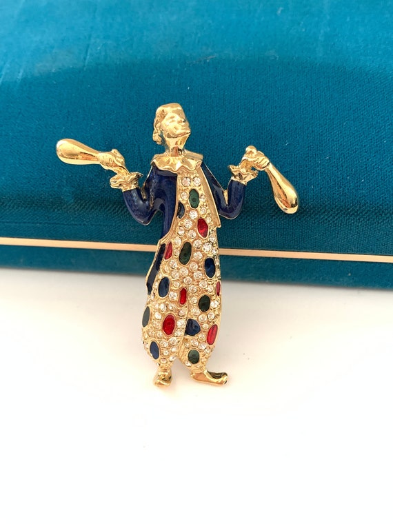 Enamel and Rhinestone Juggling Clown Brooch, Vinta