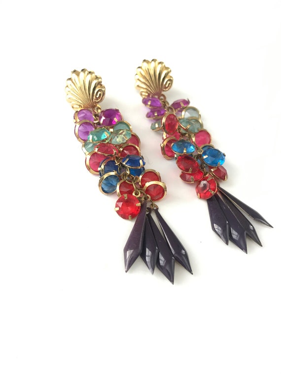 Vintage Colorful Plastic Bezel Statement Earrings - image 4