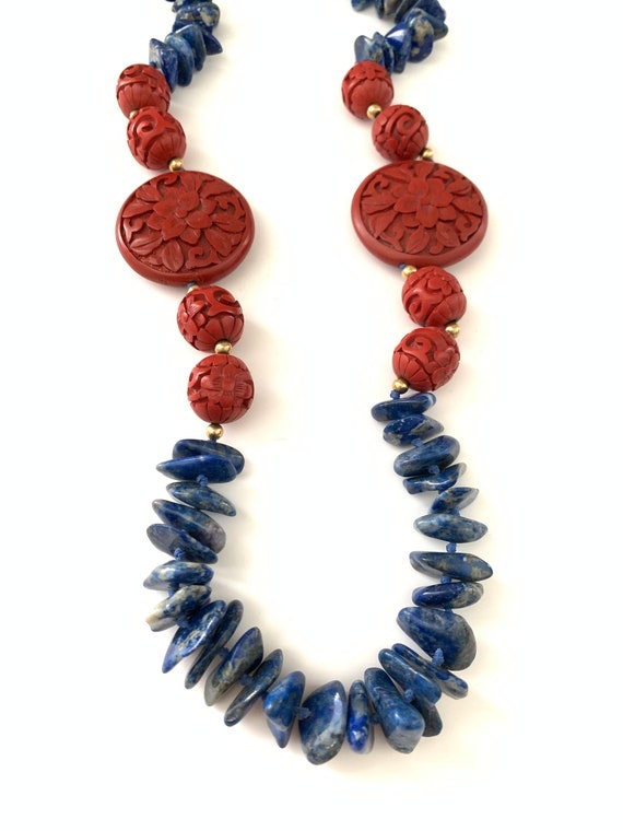 Vintage Beaded Blue Chip Red Cinnabar Necklace - image 2