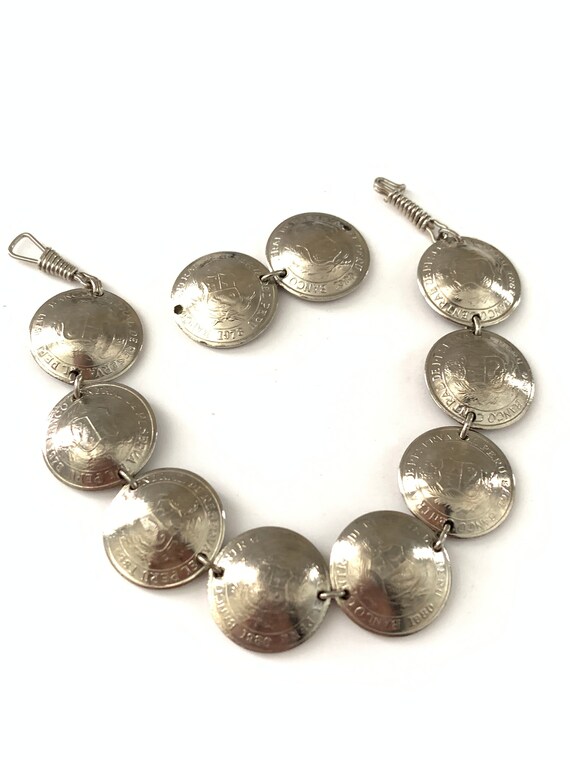 Vintage Coin Link Bracelet, Silver Plated Coin Br… - image 3