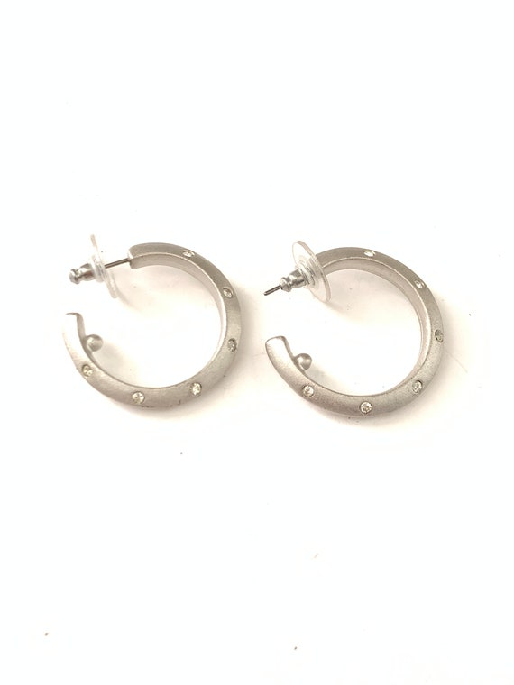 Vintage Silver Tone Clear Rhinestone Hoop Earrings - image 3