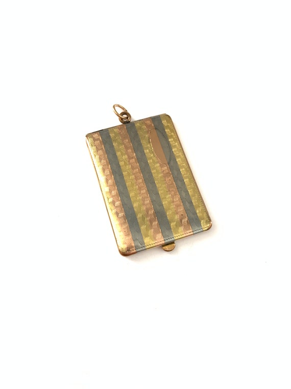 Large Antique Art Deco Tri Tone Striped Locket, Y… - image 2