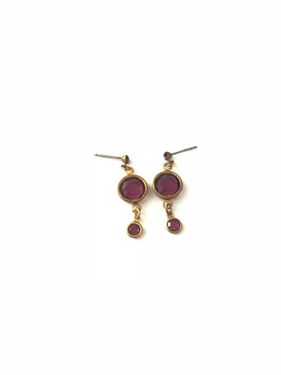 Vintage Dainty Purple Bezel Dangle Drop Earrings - image 3