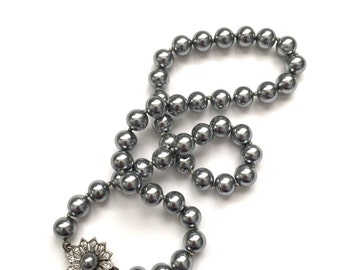 Vintage Steel Gray Pearl Single Strand Necklace with Beautiful Floral Clasp