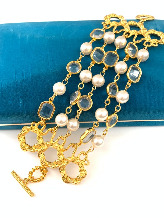 Vintage Gold Tone Faux Pearl Wide Chunky Clear Bez