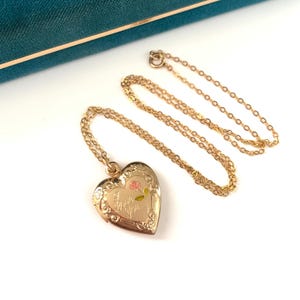 Vintage 1/20 14k Gold Filled Sweet Heart Locket Necklace, Vintage I Love You Heart Locket with a Rose, Gift for Mom
