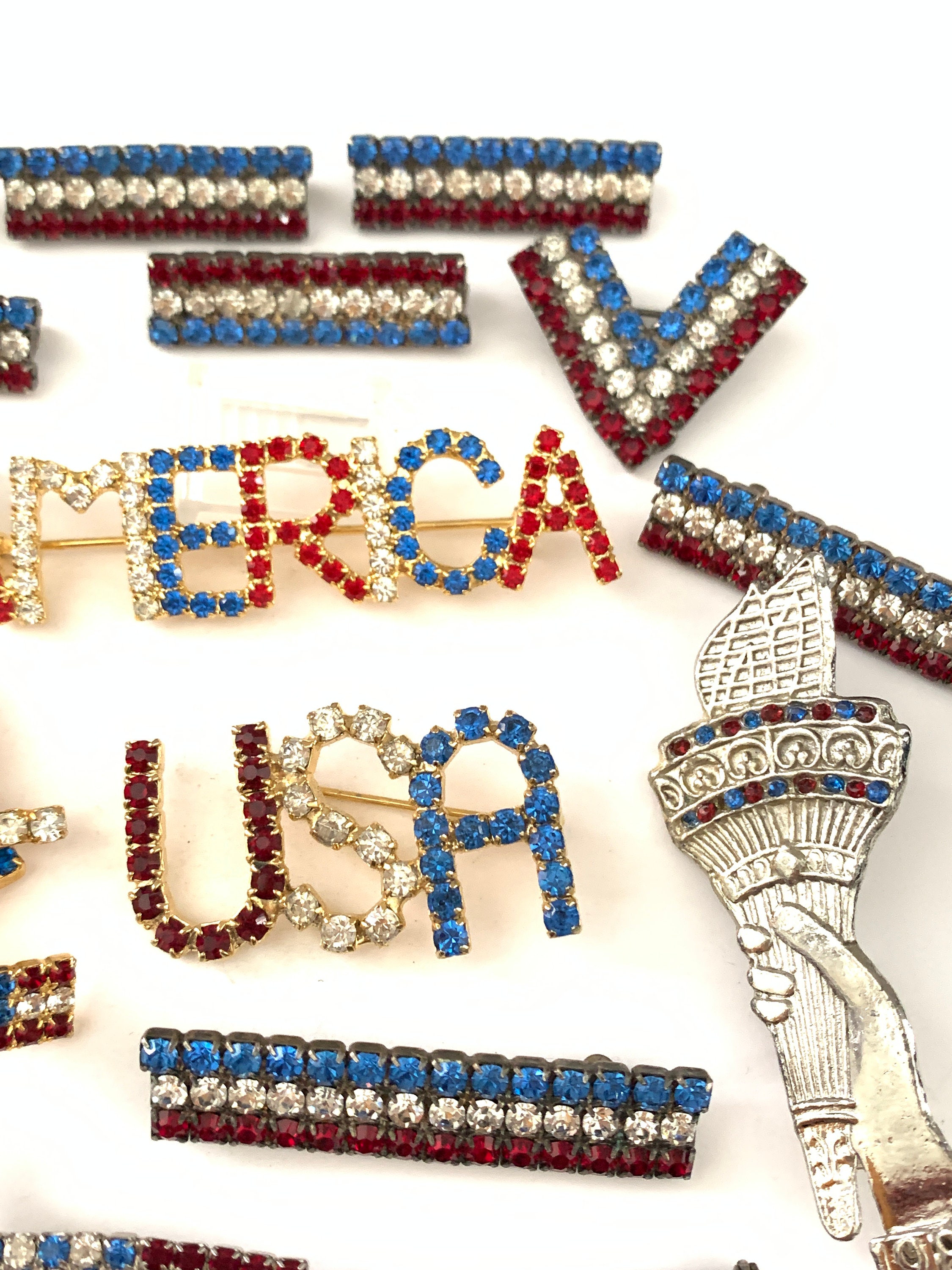 Vintage Lot of USA AMERICA Rhinestone Flag Brooch Pins, 4th of July ...