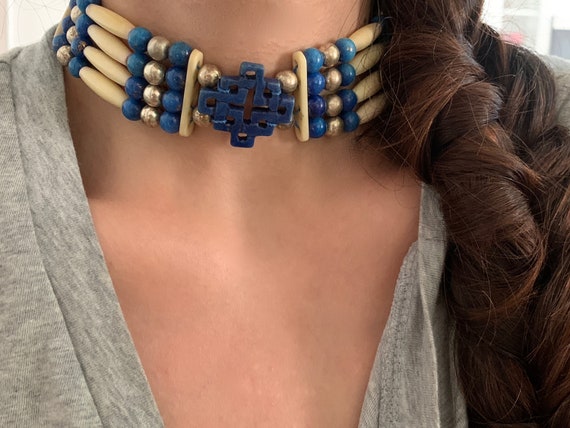 Vintage Bohemian Blue Ivory and Silver Choker Nec… - image 2