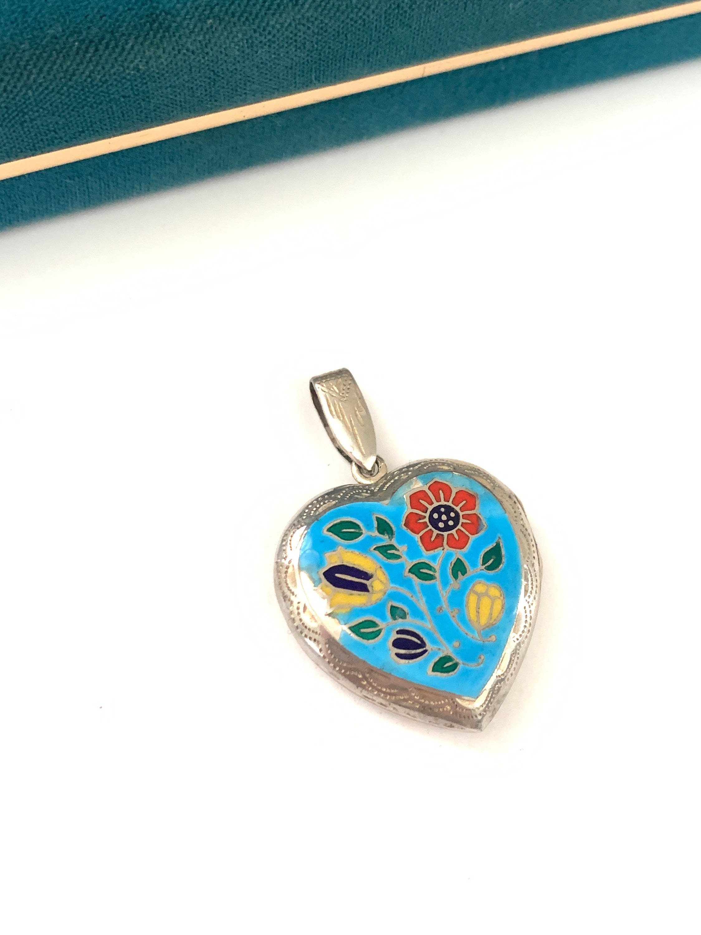 Vintage Sterling Silver Floral Enamel Heart Locket, Vintage 