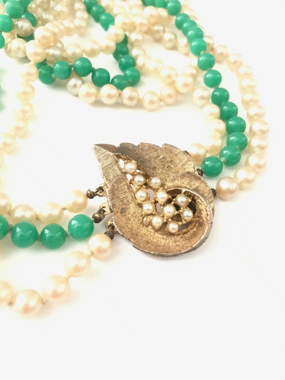 Vintage Jade Green Glass and Faux Pearl Knotted M… - image 1