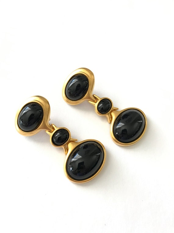 Vintage Chunky Statement Black and Gold Clip Earri