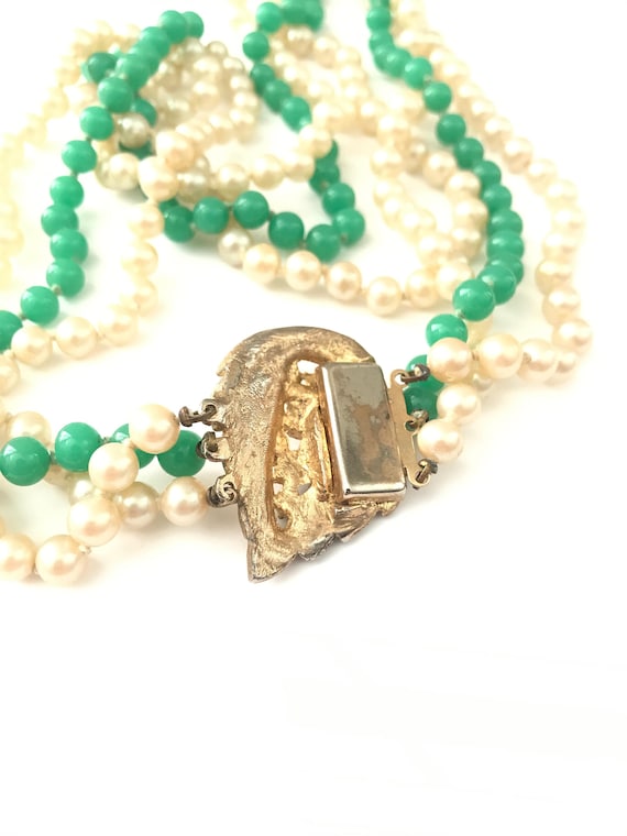 Vintage Jade Green Glass and Faux Pearl Knotted M… - image 4