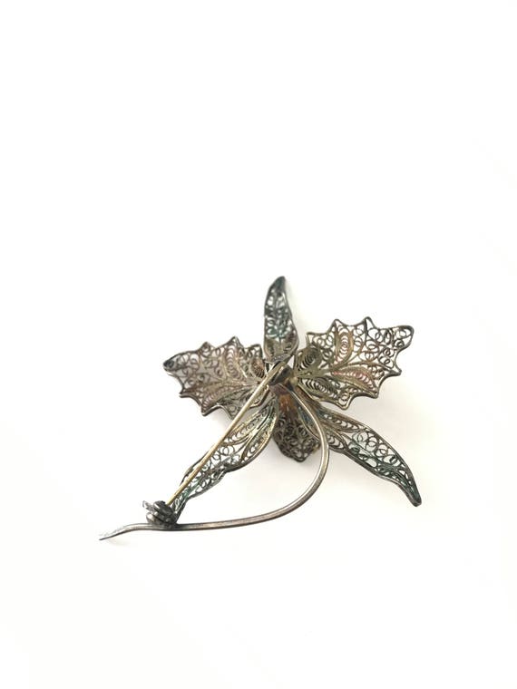 Antique 800 Silver and Filigree Flower Brooch - image 3