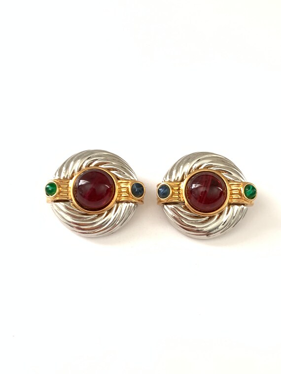 Vintage Two Tone Jewel Clip On Earrings, Vintage … - image 3