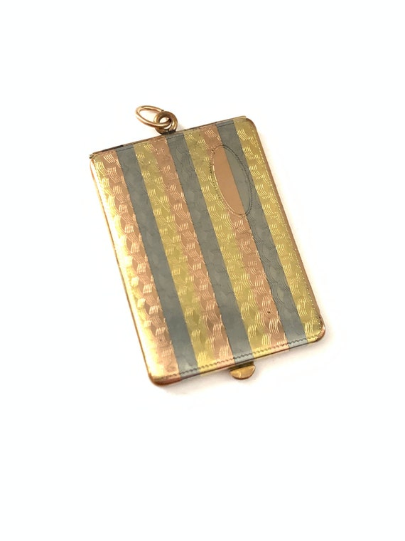 Large Antique Art Deco Tri Tone Striped Locket, Y… - image 1