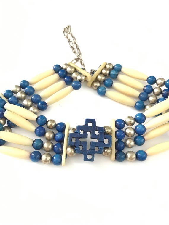 Vintage Bohemian Blue Ivory and Silver Choker Nec… - image 3