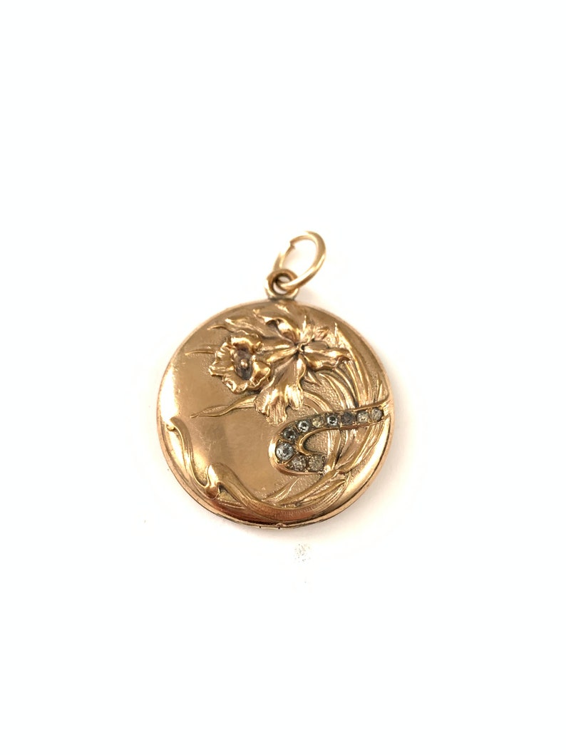 Antique Art Nouveau Gold Filled Flower Locket, Paste Locket, Antique Picture Holder Pendant image 1