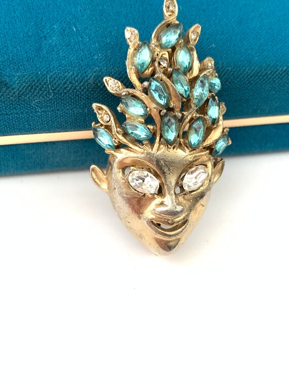 Vintage REJA Gold Plated Aqua Blue Rhinestone Fac… - image 5