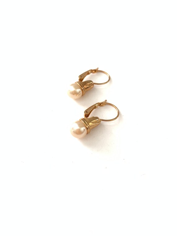 Vintage Gold Plated Bell Capped Faux Pearl Drop L… - image 1