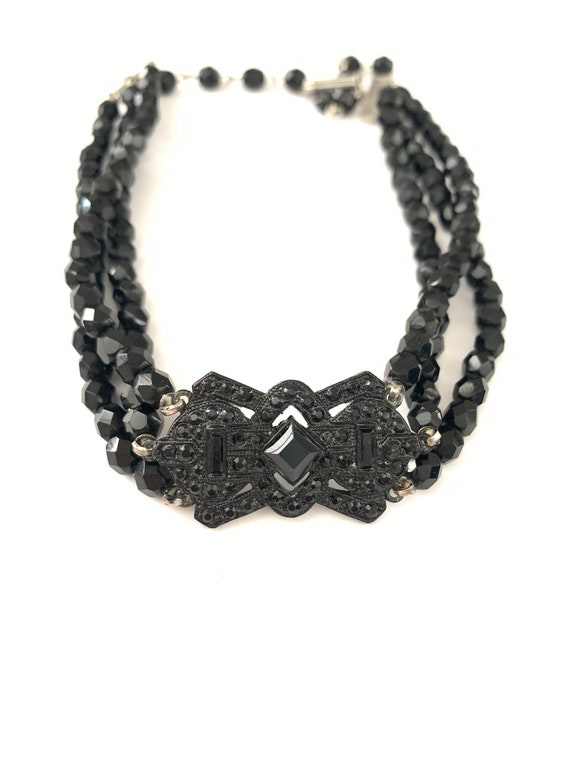 Vintage Black Rhinestone Art Deco Beaded Choker Ne