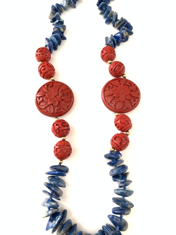Vintage Beaded Blue Chip Red Cinnabar Necklace - image 3