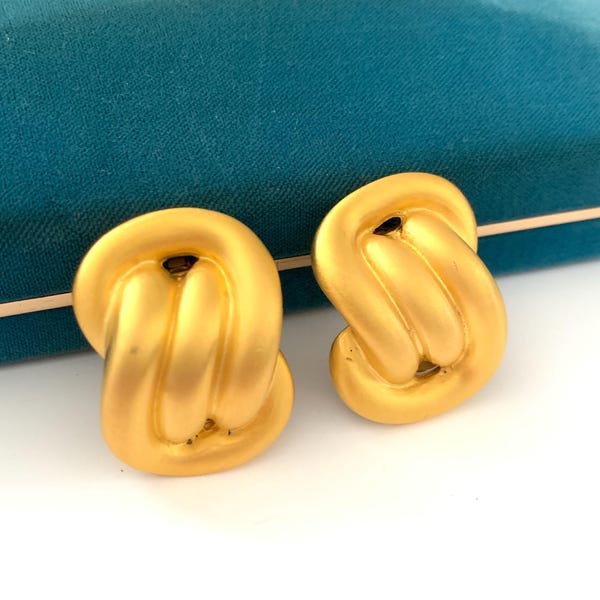 Vintage Statement Matte Yellow Gold Plated Endless Love Knot Clip Earrings