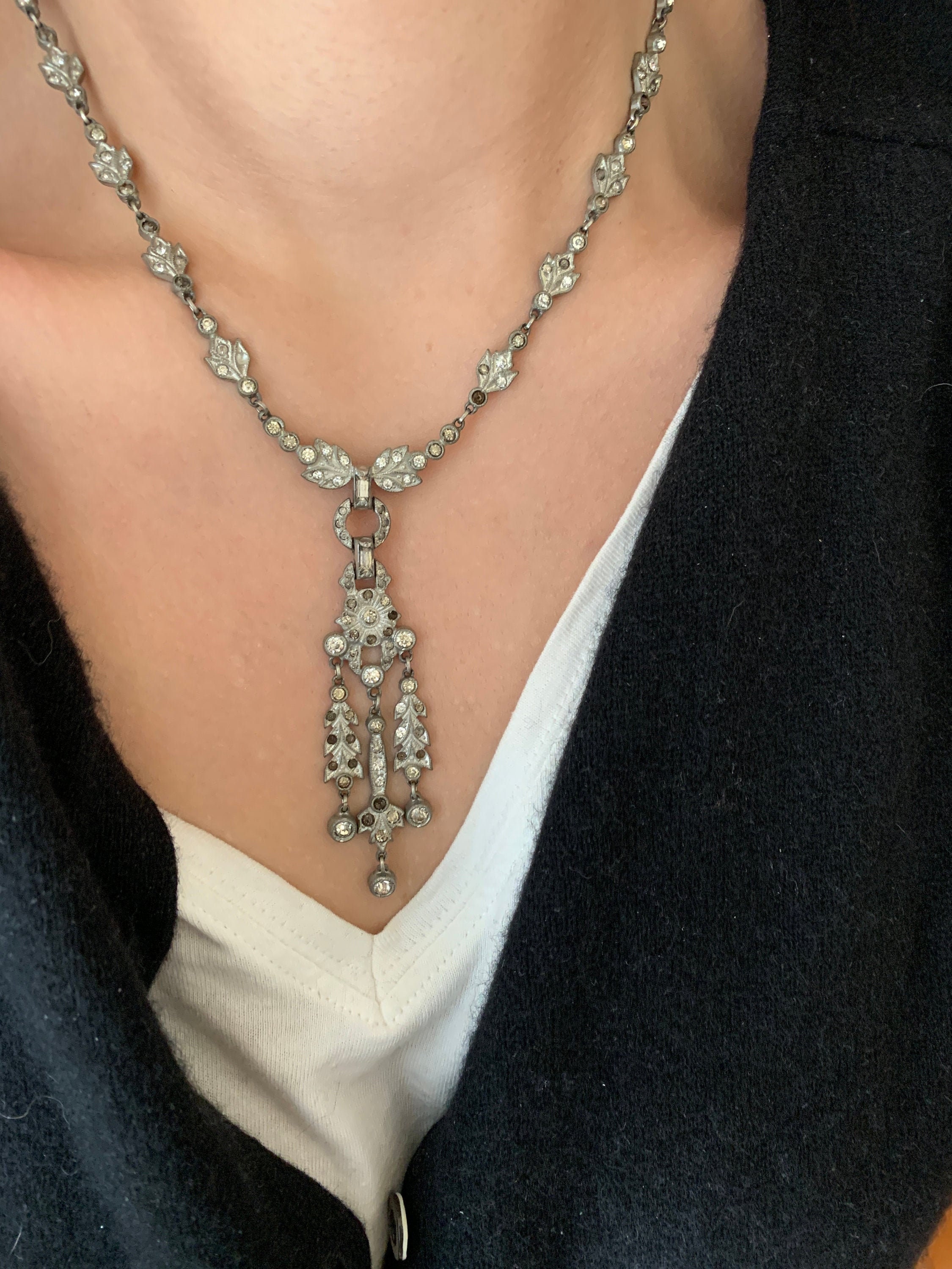 Vintage Antique Art Deco Pot Metal Paste Rhinestone Necklace Etsy