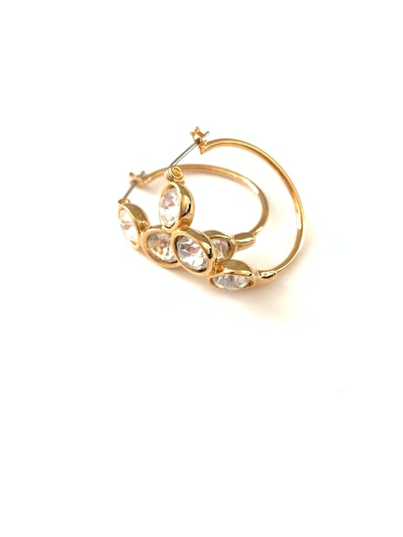 Vintage Plated Gold Clear Rhinestone Hoop Earrings